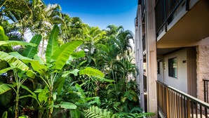 Ein üppiger Garten mit Bananenstauden und Farne, ein Balkon mit Geländer und ein Gebäude mit einer Stein Fassade.