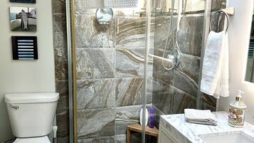 Hair dryer, towels, soap, shampoo
