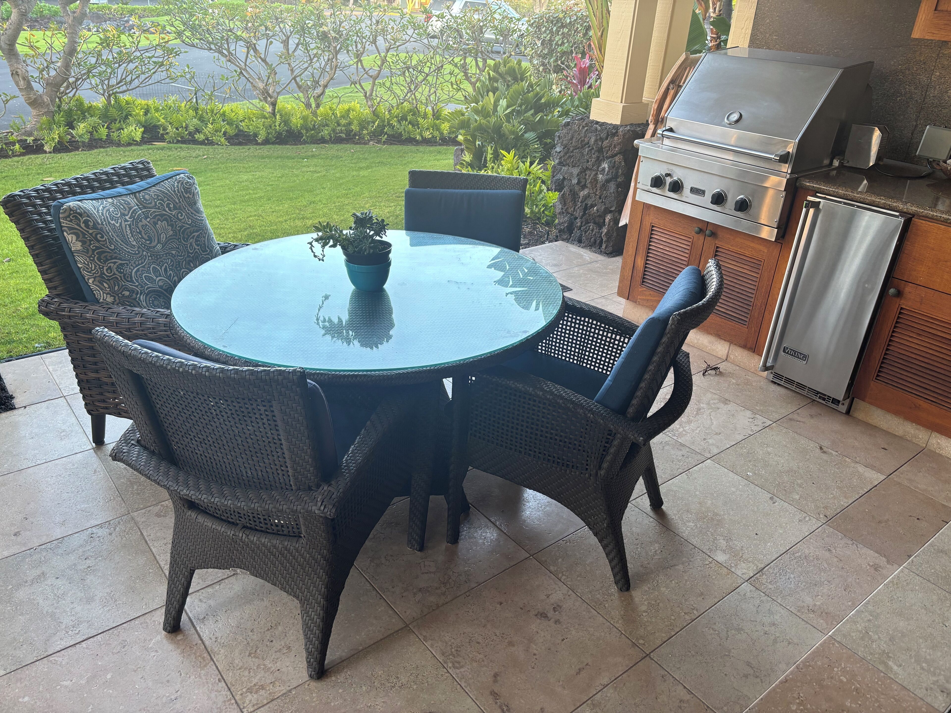 Une table ronde en verre, des chaises en osier, un barbecue et une plante en pot.