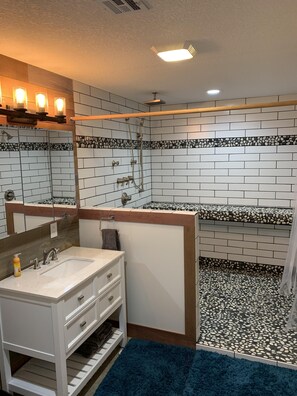 Hair dryer, towels, soap, shampoo