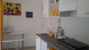 Jääkaappi, mikroaaltouuni, kahvin-/teenkeitin, leivänpaahdin