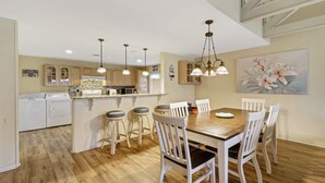 A modern kitchen with a central island, bar stools, and a dining table with chairs.