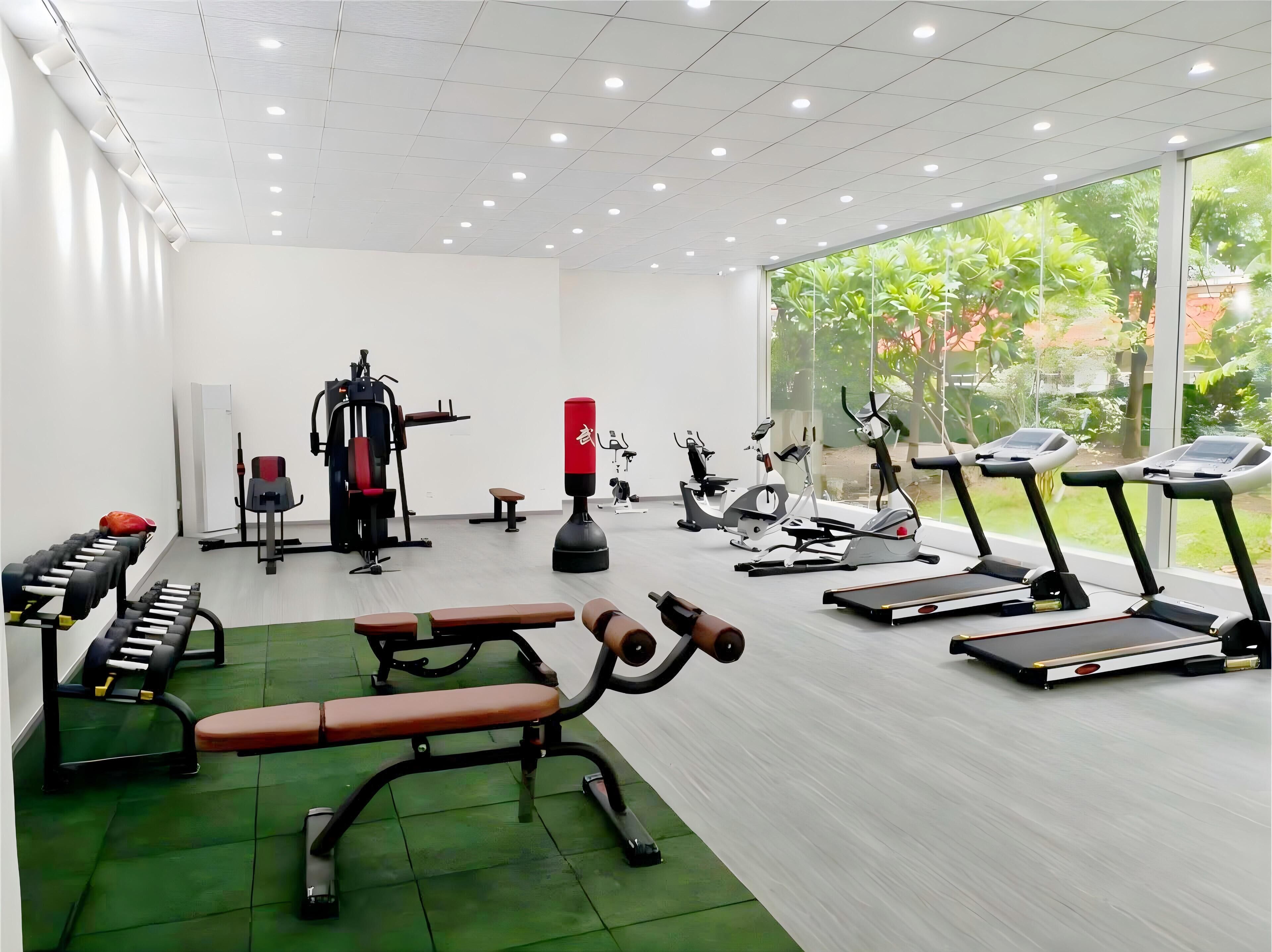 A gym with exercise equipment, green flooring, and large windows overlooking a garden.
