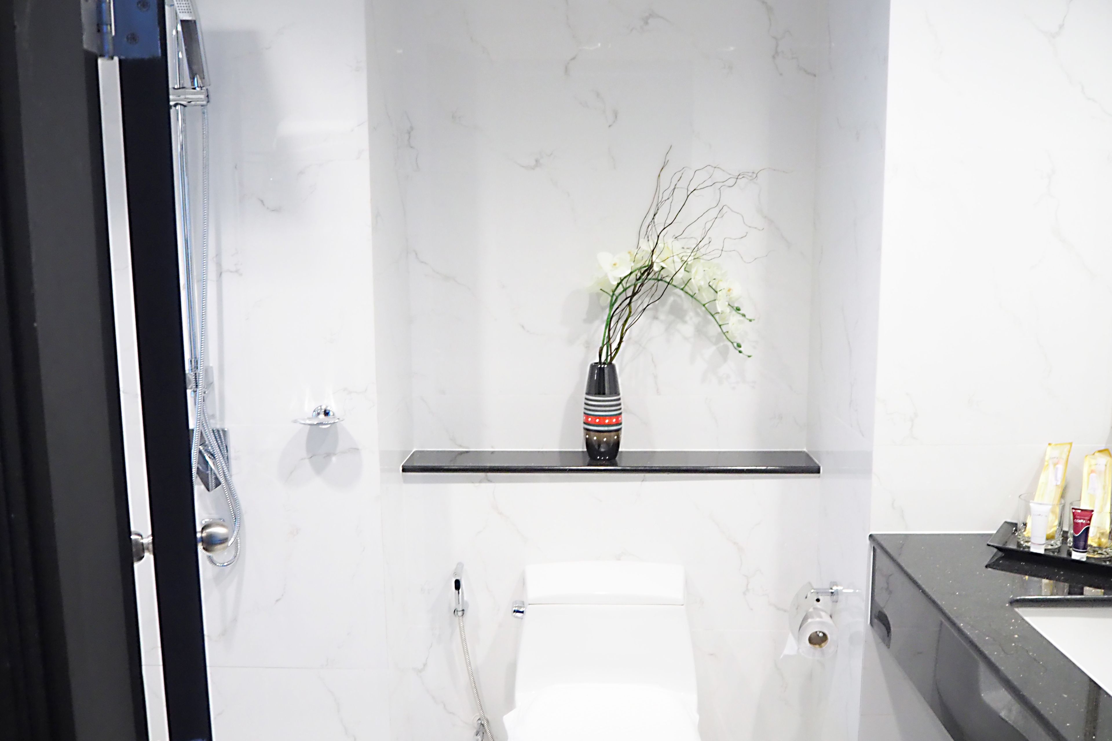 Een badkamer met een marmeren wand, toilet, douche en een plank met toiletartikelen.