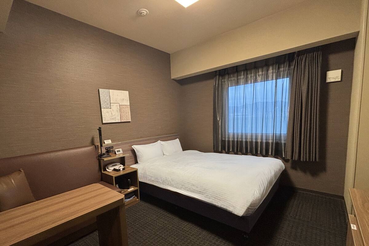 A hotel room with a single bed, a desk, and a chair.