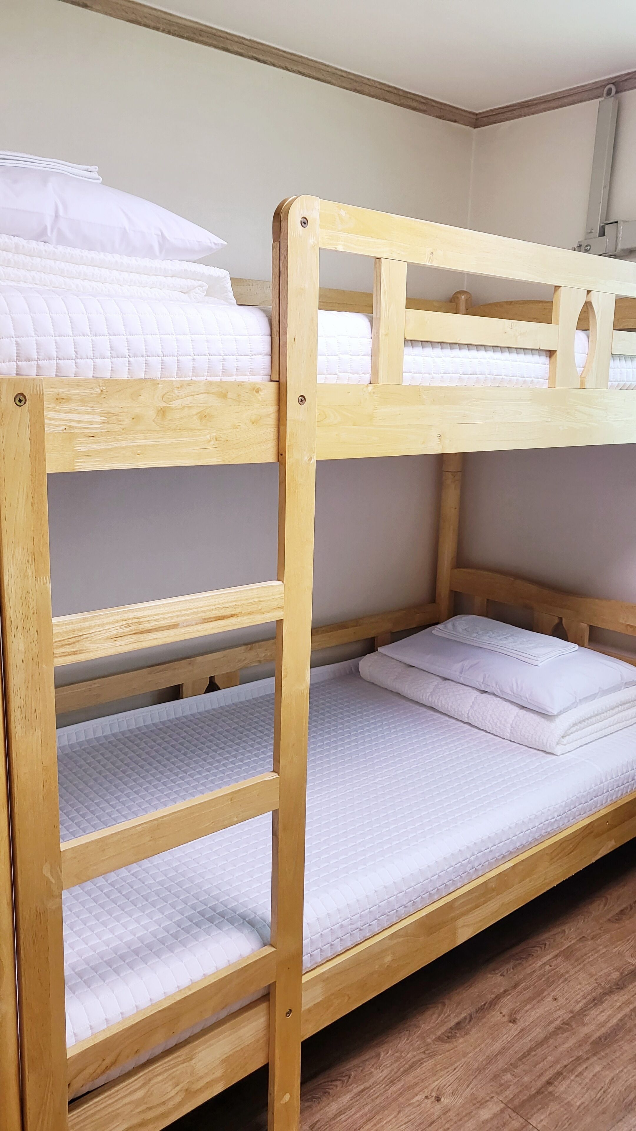 A bunk bed with two levels, each with a mattress and pillows.