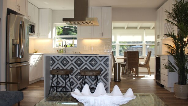 A modern kitchen with white cabinets, stainless steel appliances, a patterned backsplash, and a glass island with stools.