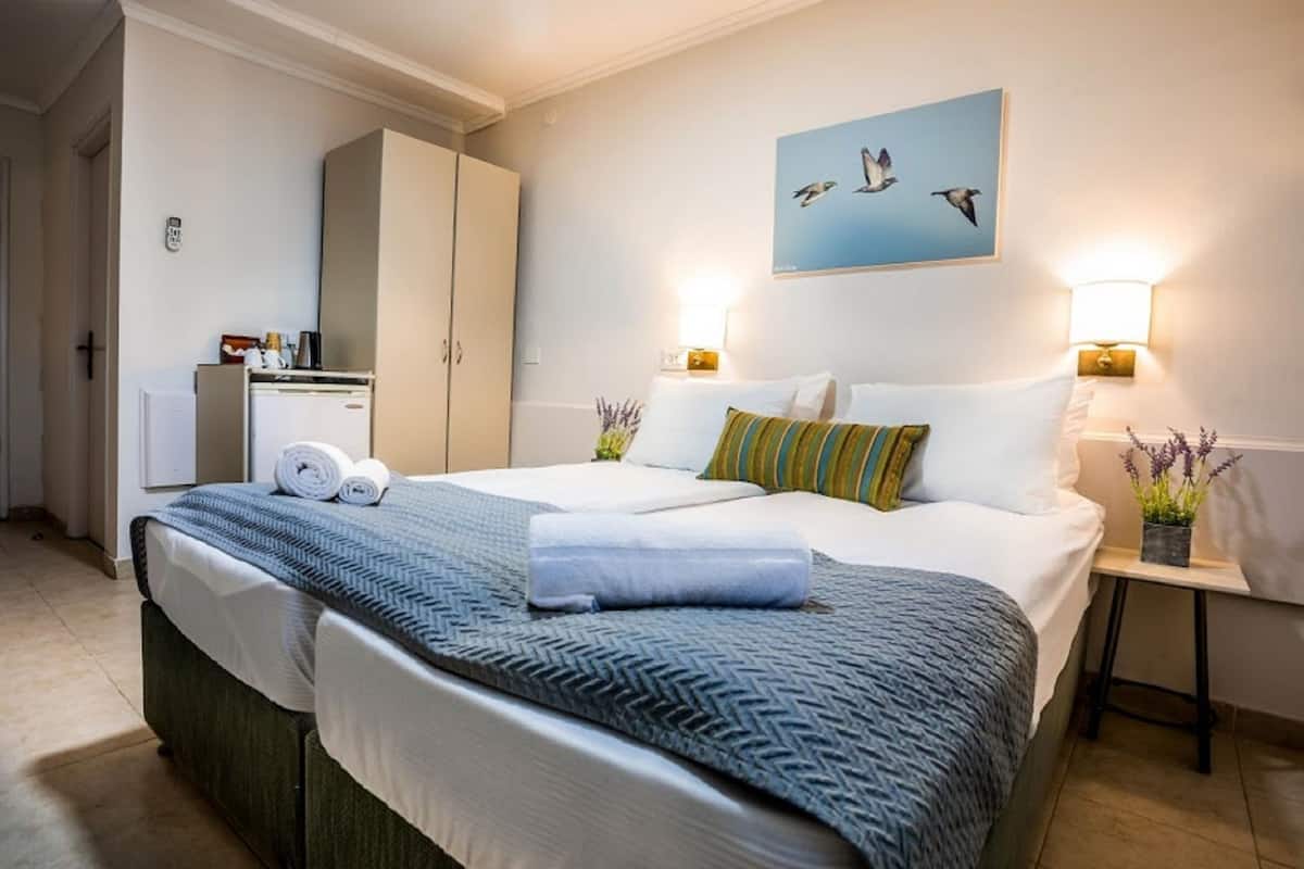 Habitació d'hotel amb un llit gran, un armari, un escriptori amb una làmpada i un quadre de paisatge amb ocells a la paret.