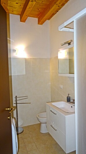A bathroom with a toilet, sink, mirror, and towel rack.