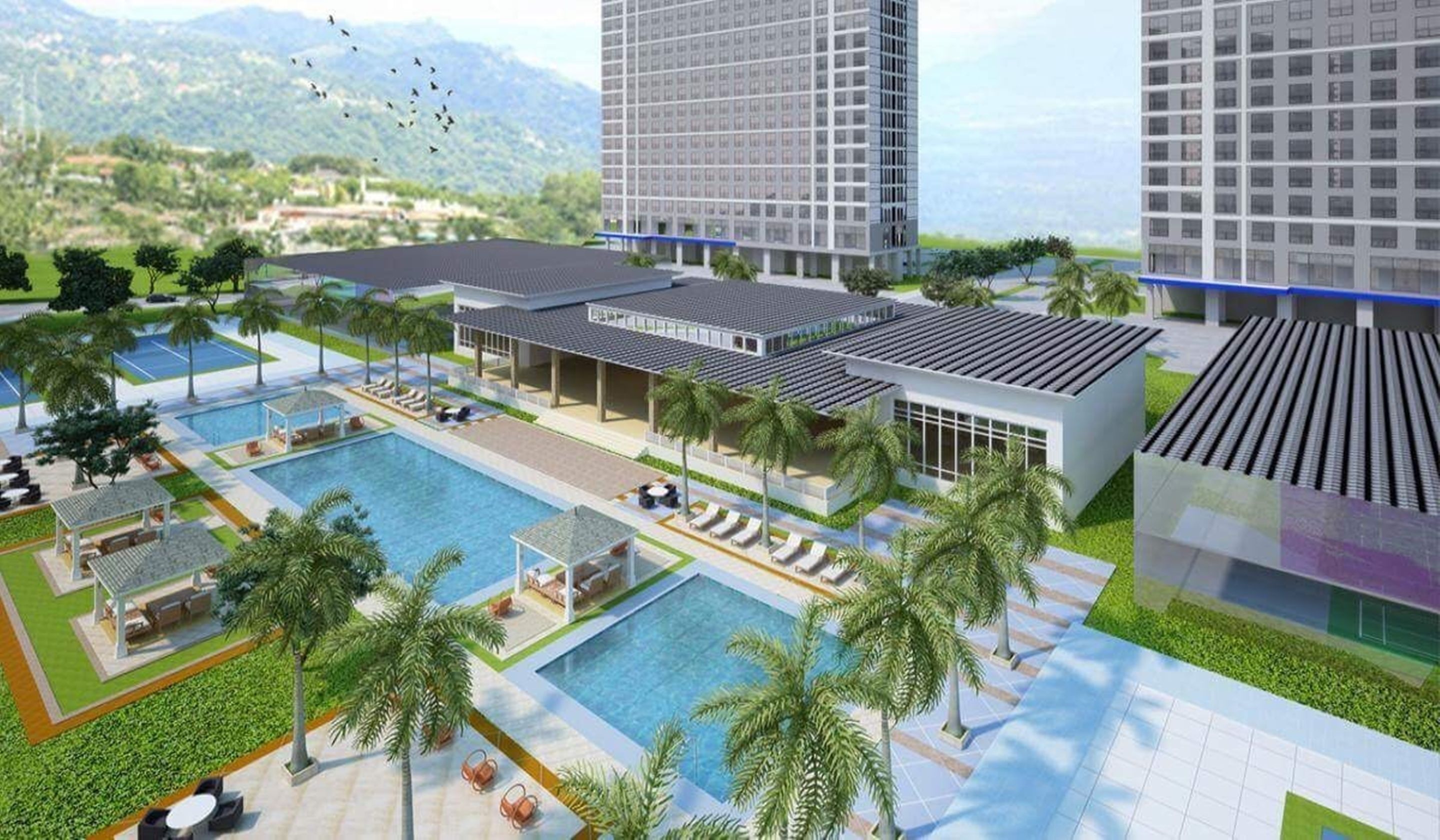 A modern hotel with a swimming pool, outdoor seating, and palm trees.