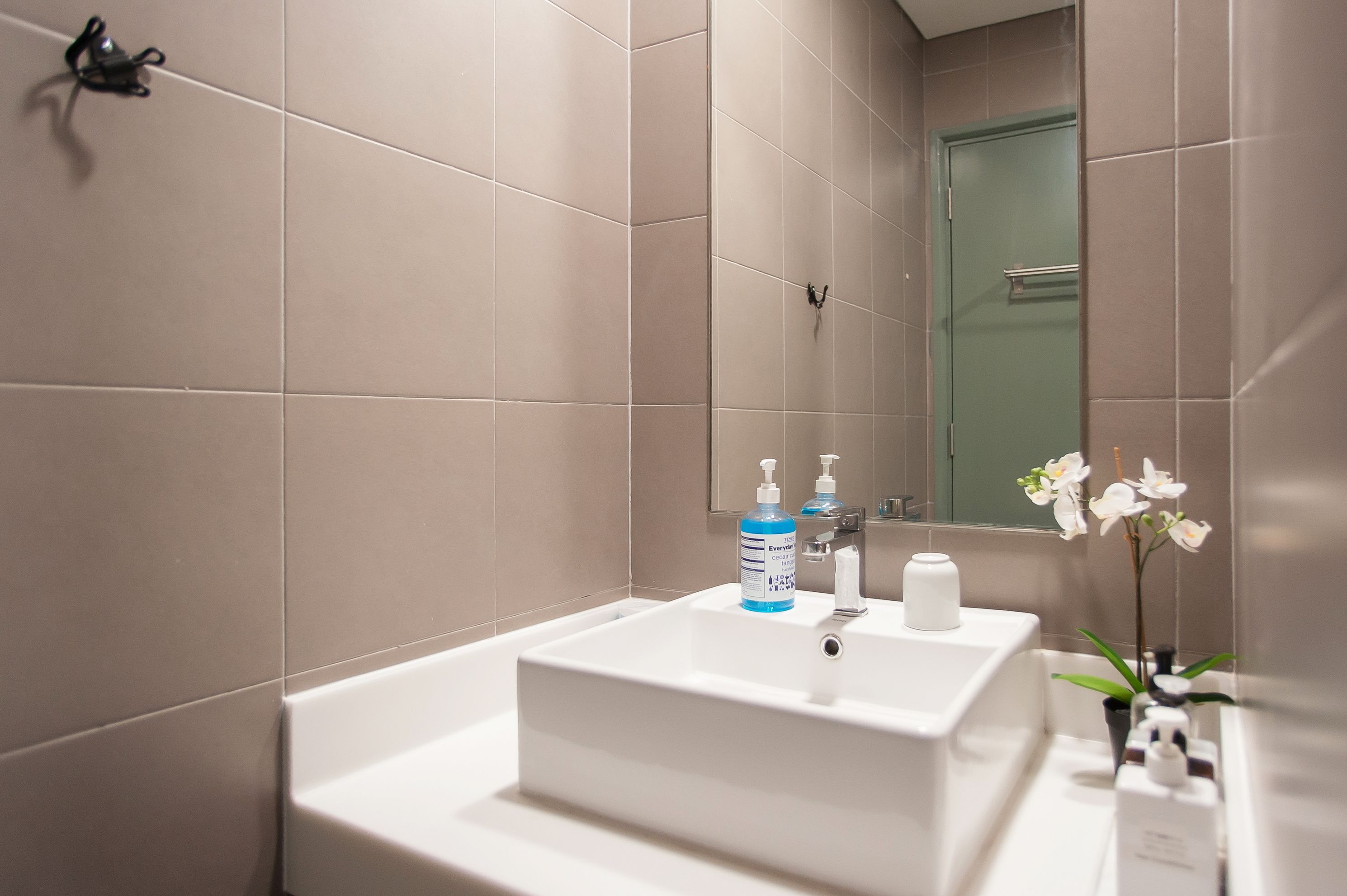 Une salle de bain moderne avec un lavabo blanc, un miroir et une porte verte.