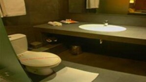 A bathroom with a toilet, sink, and mirror. - Heritage Habarana Resort (Habarana)