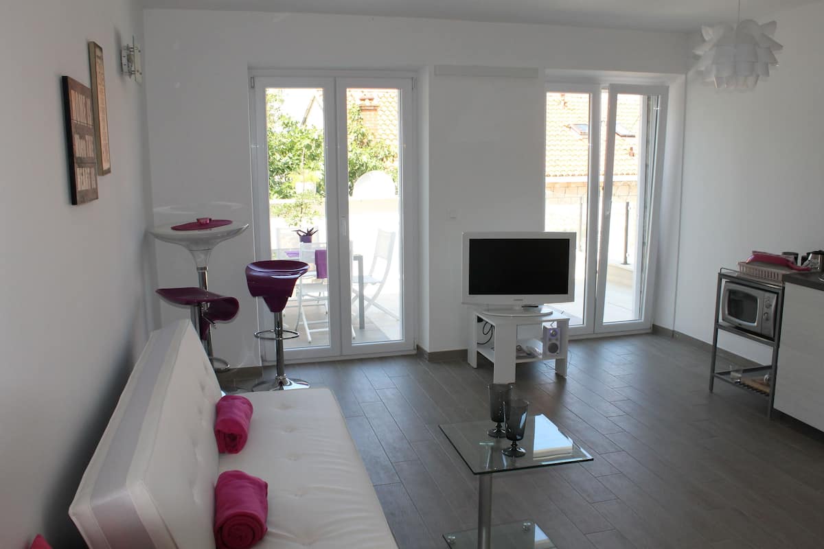 Appartamento, 1 camera da letto, terrazzo | Area soggiorno | TV a schermo piatto 43 pollici con canali satellitari, TV