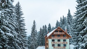 Un edifici de fusta de diversos pisos envoltat d'arbres coberts de neu.