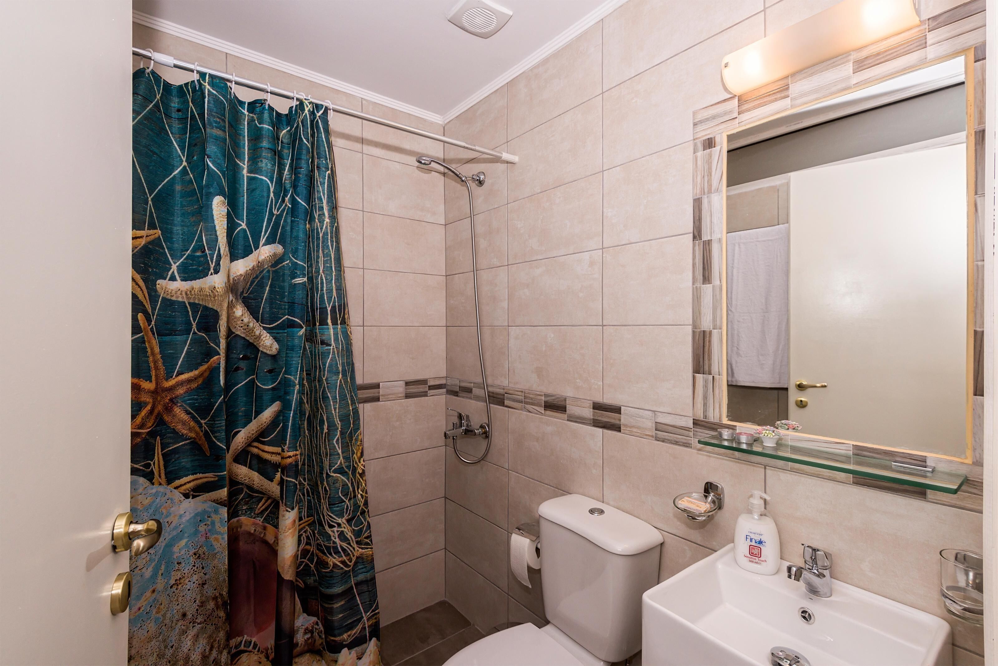 A bathroom with a shower, toilet, sink, and a mirror above the sink.