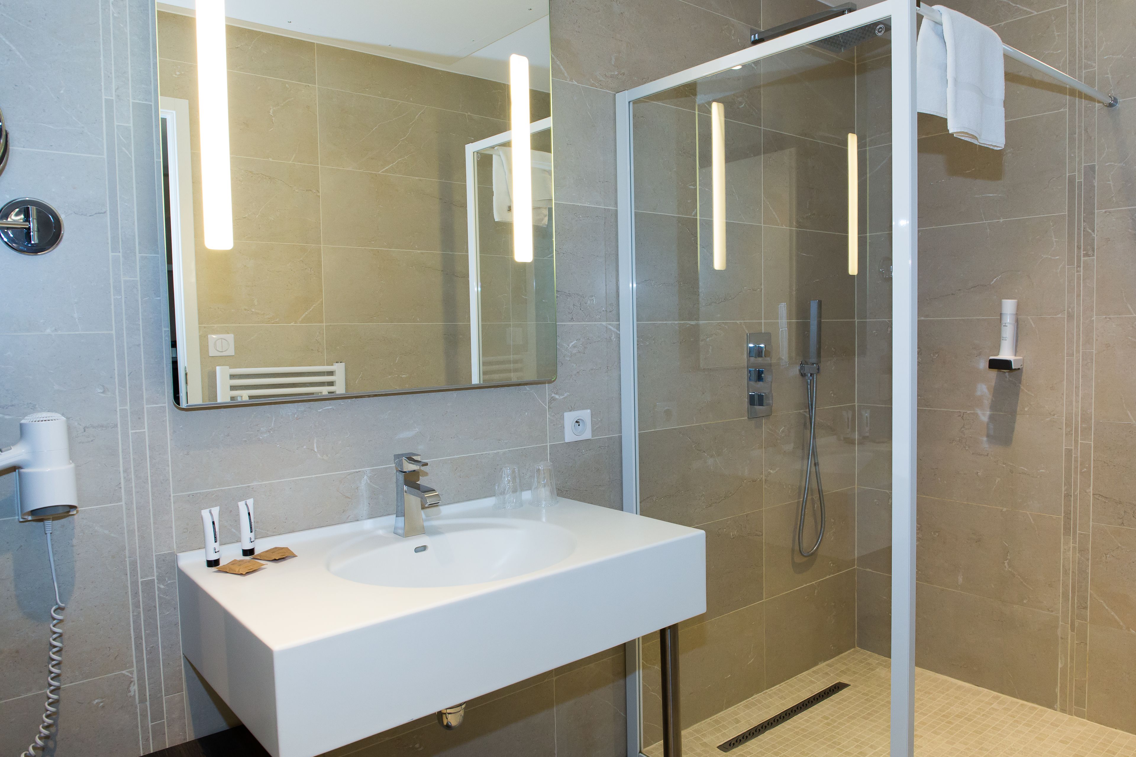 free toiletries, hair dryer, towels