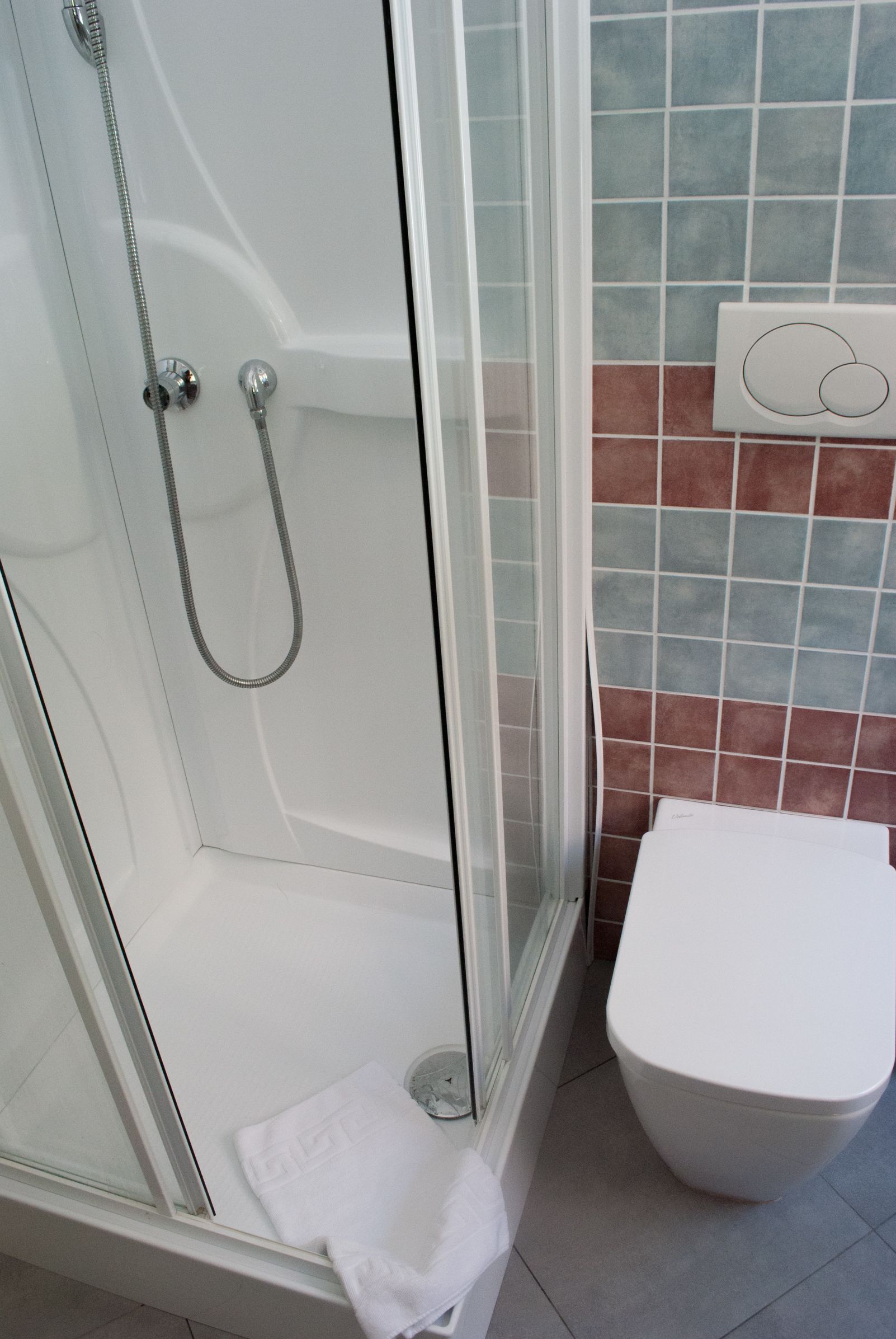 A shower enclosure with a glass door, a white toilet, and a tiled wall with a mix of blue and brown tiles.