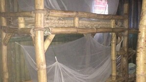 Estructura de cama de bambú con mosquitero, un tambor y suelo de madera.