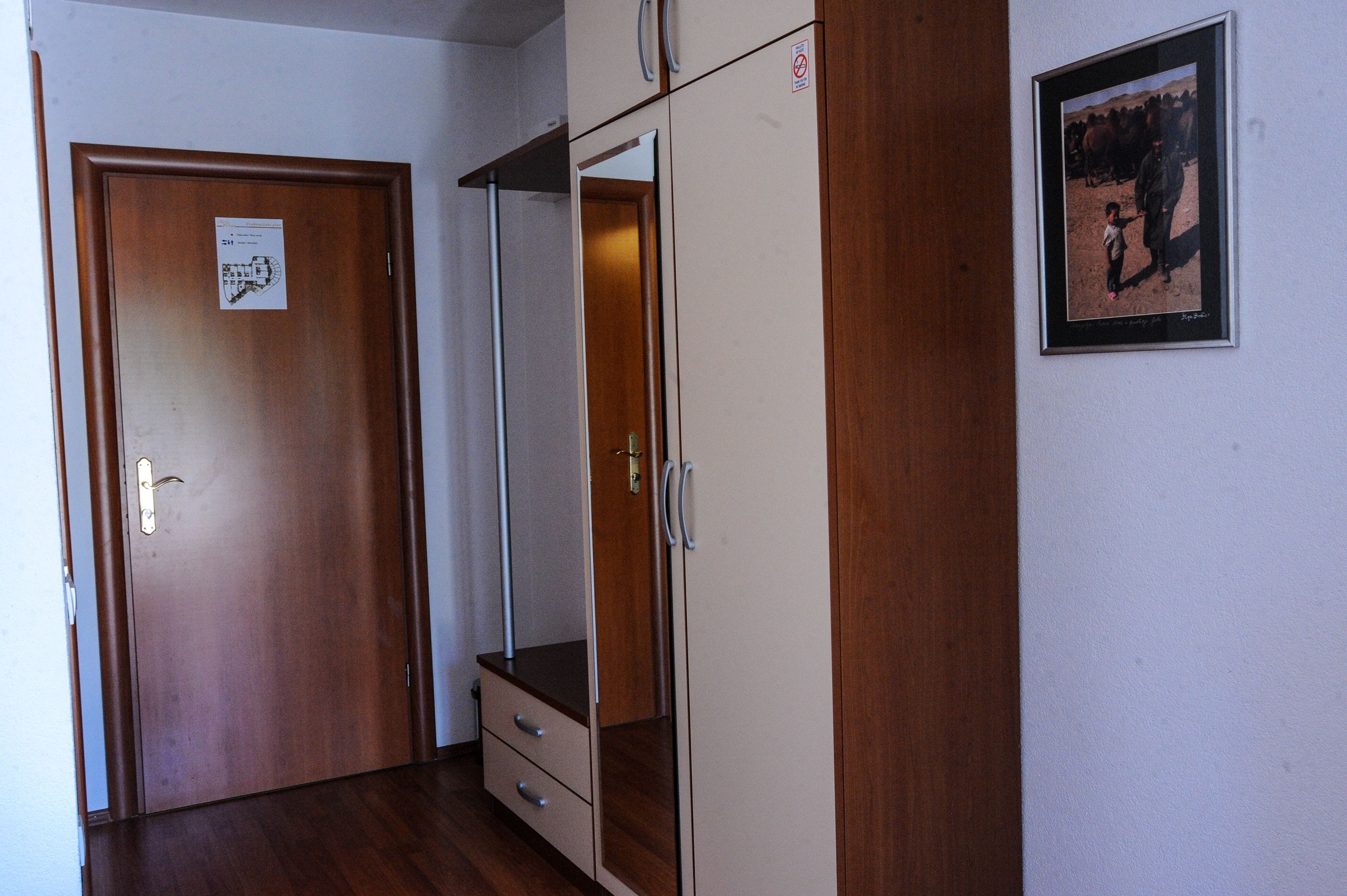 A room with a wooden door, a mirror, and a framed picture on the wall.