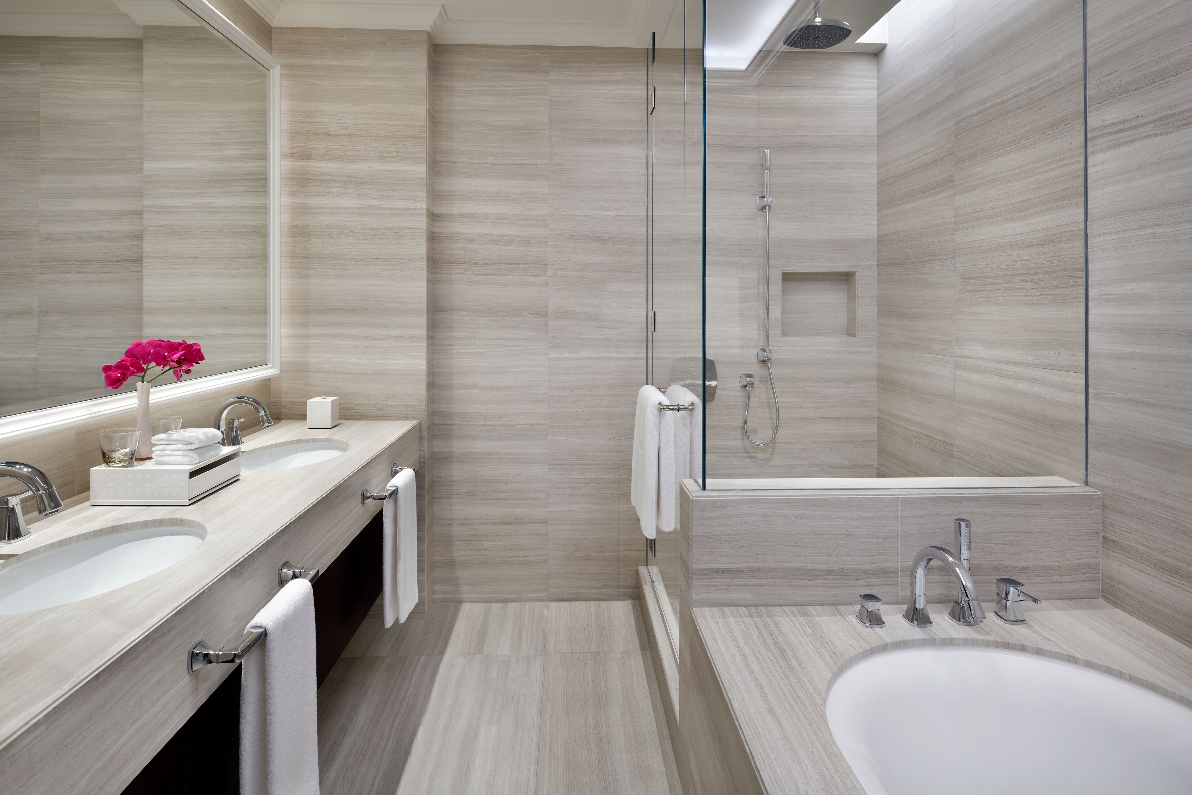 combined shower/bathtub, free toiletries, hair dryer, bathrobes