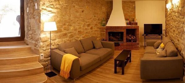 TV, fireplace, table football