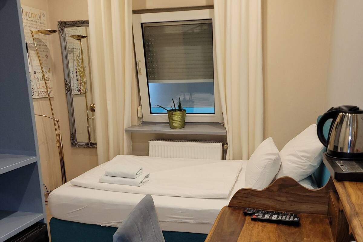 Een hotelkamer met een bed, een houten tafel, een stoel, een raam met gordijnen, een radiator en een plant in een pot.