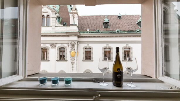 A window with a view of a building with arched windows and a statue on the roof. - Barbo Palace (Ljubljana)