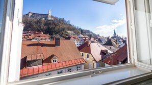 A view from a window overlooking a town with red-roofed buildings, a prominent church tower, and a hill with a castle-like structure. - Barbo Palace (Ljubljana)