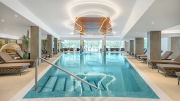 Indoor pool, outdoor pool, open 8:00 AM to 8:00 PM, sun loungers