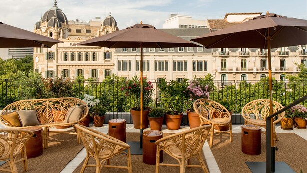 Une terrasse sur le toit, aménagée avec des meubles en osier, des plantes en pot et des parasols.