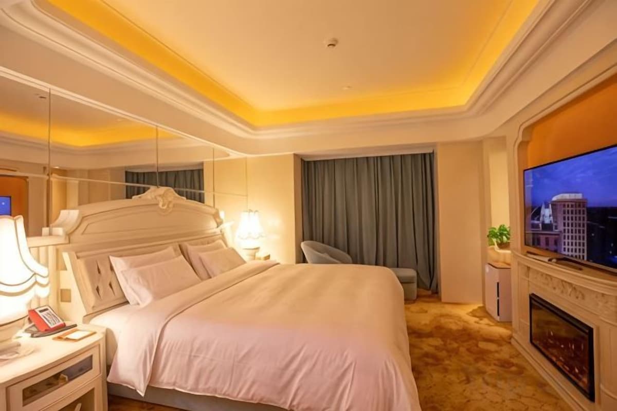 A hotel room with a large bed, a television, a fireplace, and a cityscape view.
