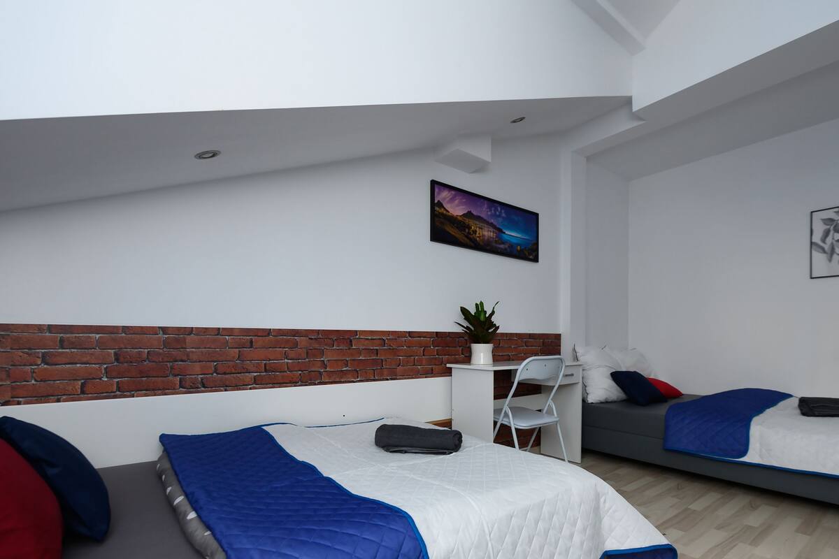 Una habitación de hotel moderna con dos camas, un escritorio y una pequeña planta en maceta.
