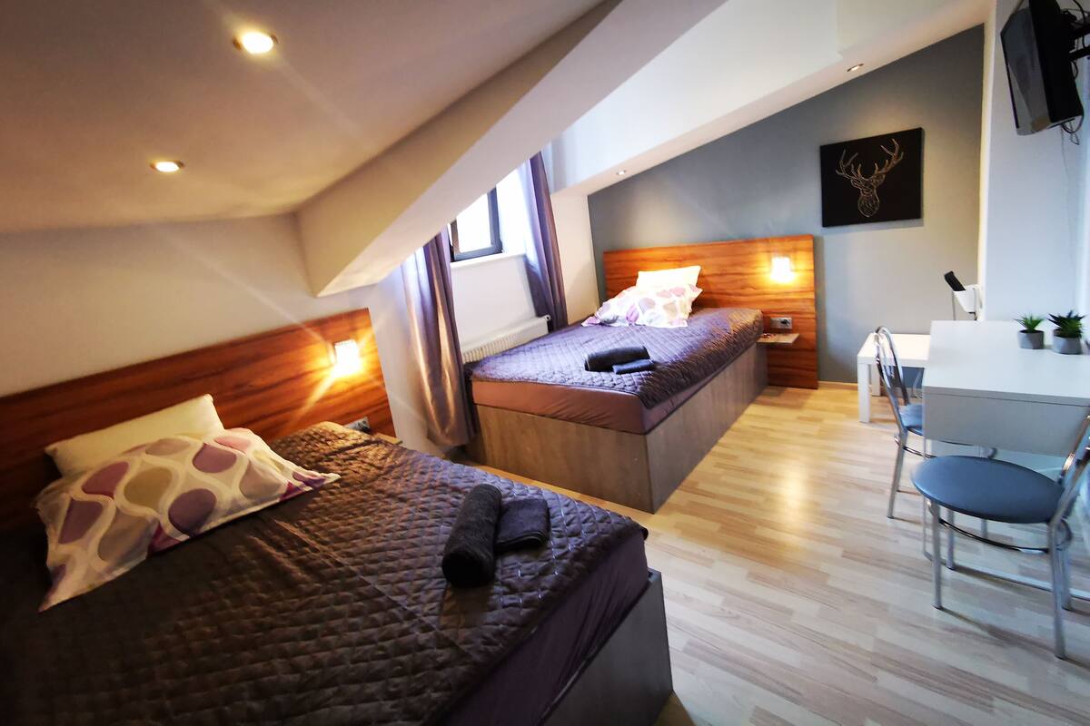 Una habitación de hotel moderna con techo alto, dos camas con cabeceros, un escritorio con silla y un televisor montado en la pared.