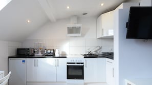 Estudio Confort, 2 camas de matrimonio, vistas a la ciudad | Cocina privada | Frigorífico, microondas, placa de cocina y cafetera o tetera