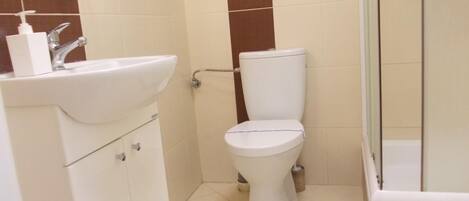 A bathroom with a white sink, a toilet, and a shower area.