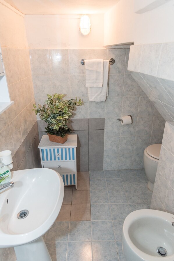 Un baño con lavamanos, bidé, inodoro y un pequeño armario con una planta.