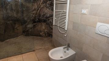Une salle de bain équipée d’un bidet, d’un porte-serviettes et d’un espace douche avec une porte en verre.