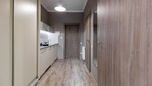 Un pasillo estrecho con una zona de cocina a la izquierda, que incluye armarios y una encimera.