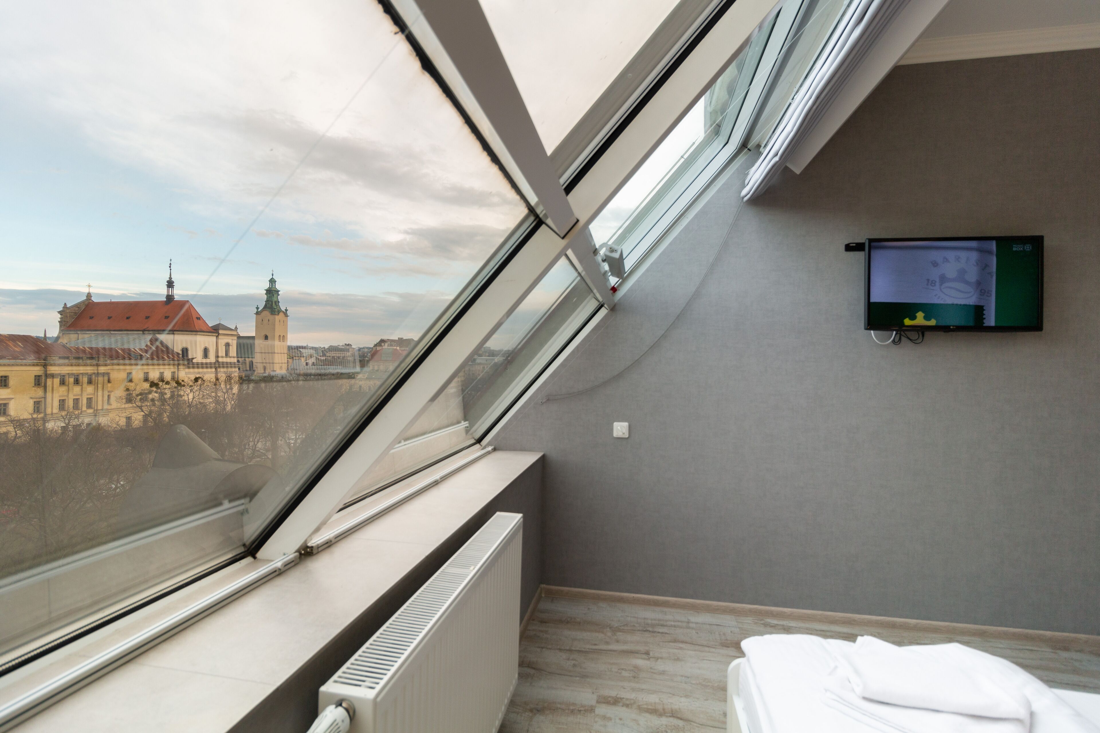 A room with a skylight, a radiator, a bed, and a TV mounted on the wall.