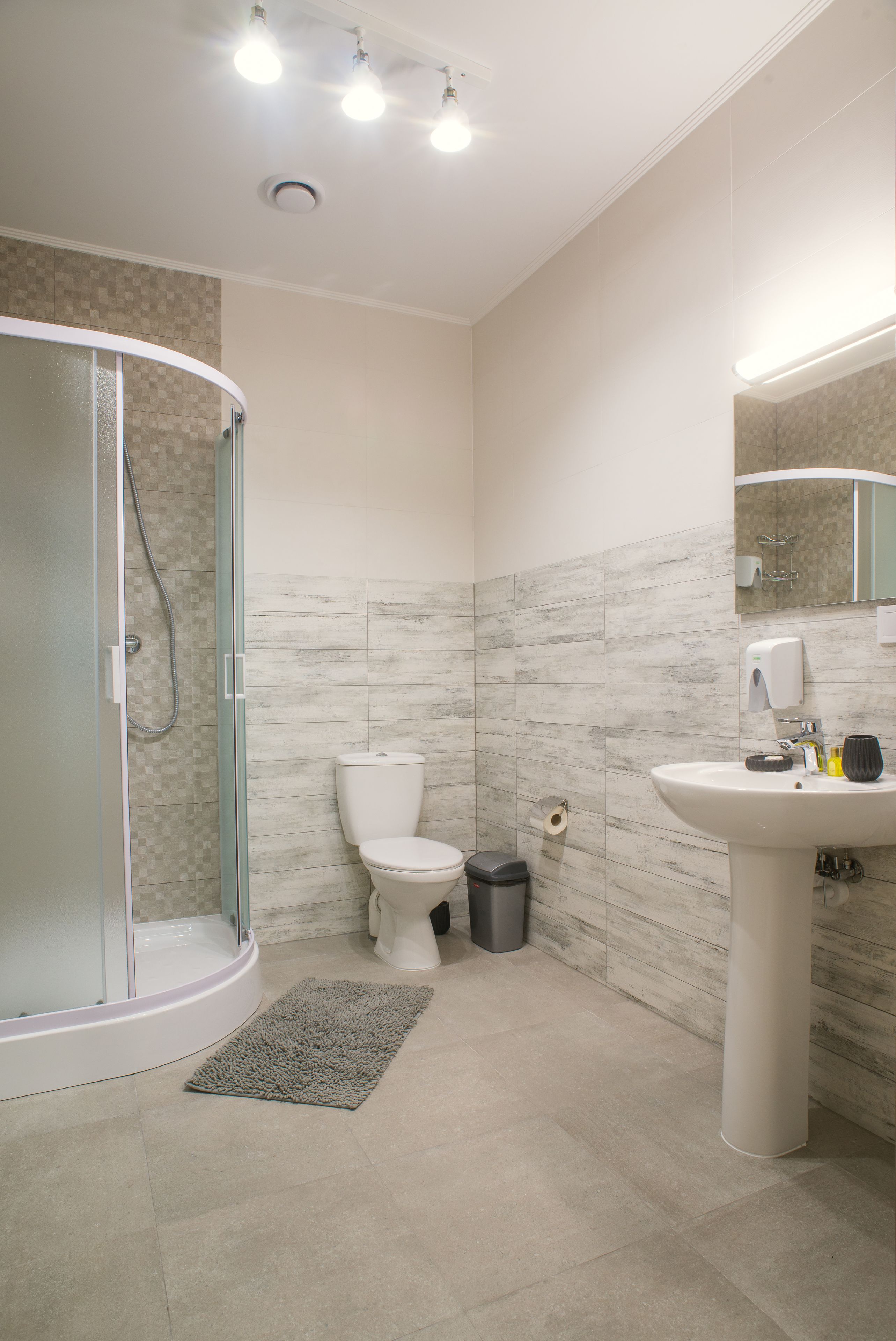 A modern bathroom with a glass-enclosed shower, a toilet, a sink, and a mirror.