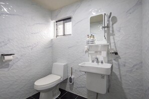Shower, free toiletries, hair dryer, towels