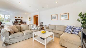 Een smart-tv, een open haard en een stereo