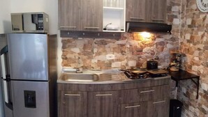 Une cuisine compacte équipée d’une cuisinière intégrée, d’un évier et d’un four à micro-ondes.