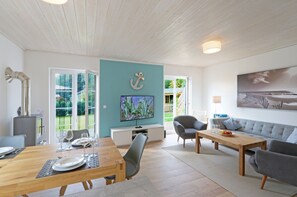 TV connectée, cheminée, lecteur de DVD, livres