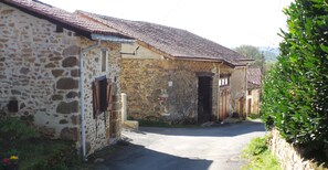 A narrow street with stone buildings, a paved road, and greenery.
