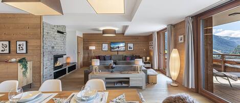 Télévision, cheminée, livres