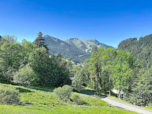 A road winding through a mountainous area with dense forests and a clear blue sky.