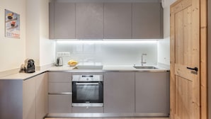 A compact kitchen with grey cabinets, a Bosch oven, a sink, and a wooden door. - 4-person flat - fireplace, close to the centre and slopes (Châtel)