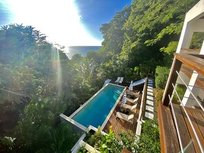 Un espace piscine doté d’une terrasse en bois, de chaises longues et de parasols.