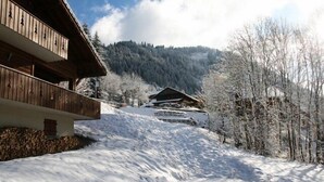 A wooden chalet with a balcony, surrounded by snow-covered trees and a mountain in the background. - Chalet 7 people - authentic chalet, close to the village (Châtel)